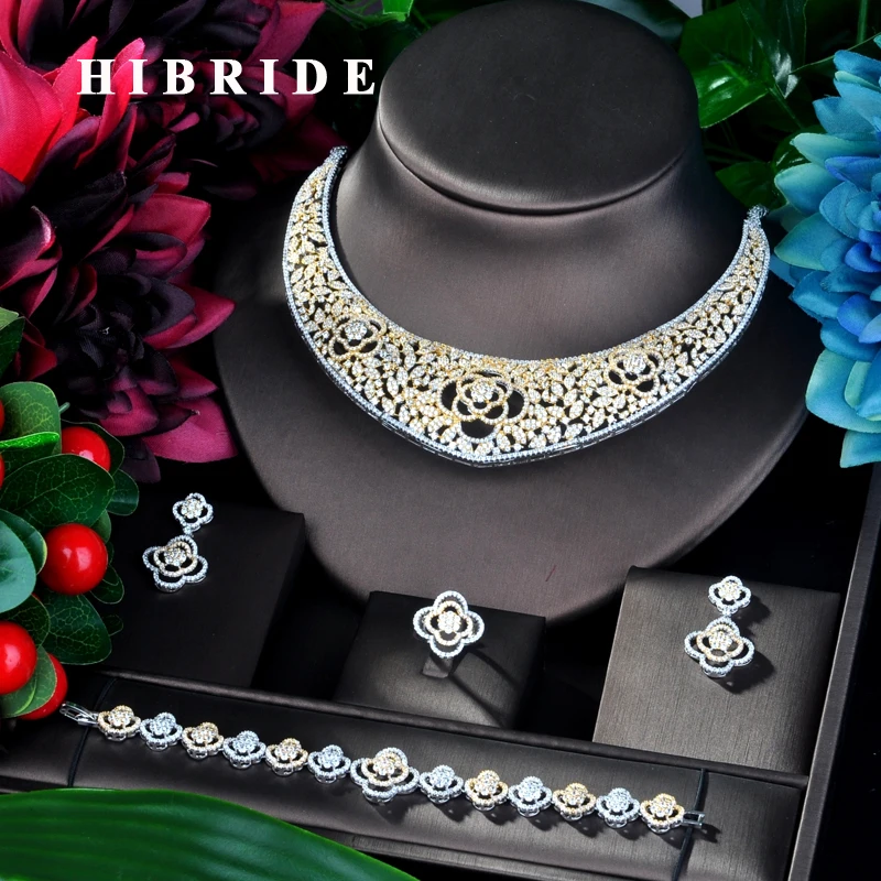 ?? HIBRIDE 最新デザイン 4 本フルマイクロキュービックジルコニア女性ウェディングドレスチョーカーネックレスイヤリングジュエリーセットウェディング N-862