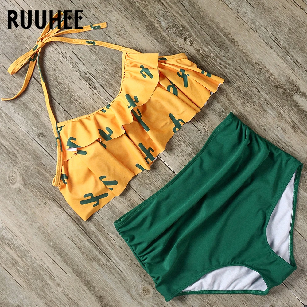RUUHEE, бикини с оборками,, купальник, женский купальник, Холтер, бикини, набор, высокая талия, купальник, пуш-ап, летняя пляжная одежда, бикини