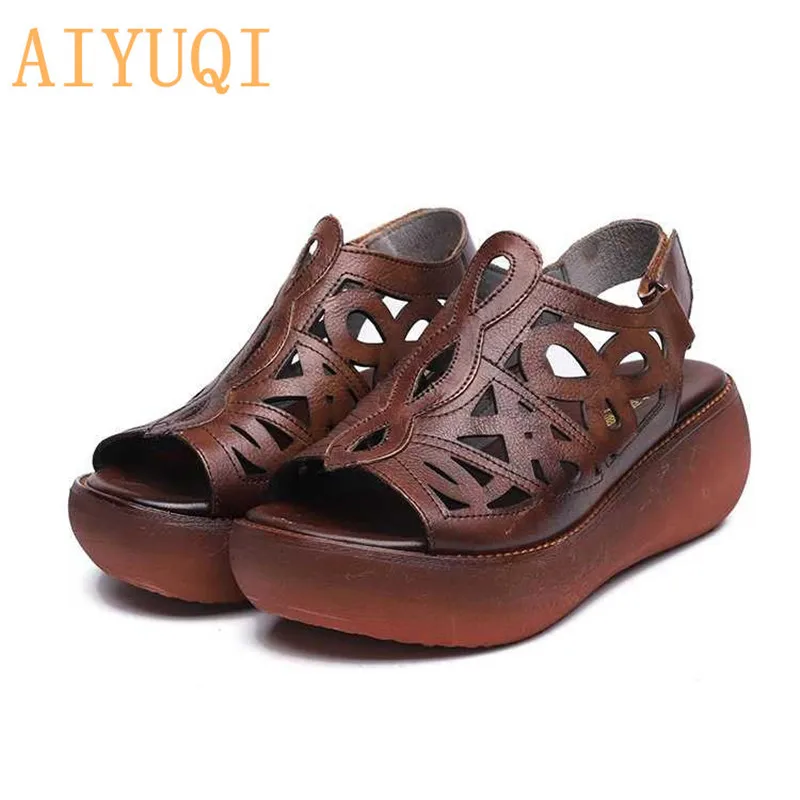 Женские сандалии на платформе AIYUQI черные повседневные босоножки из натуральной