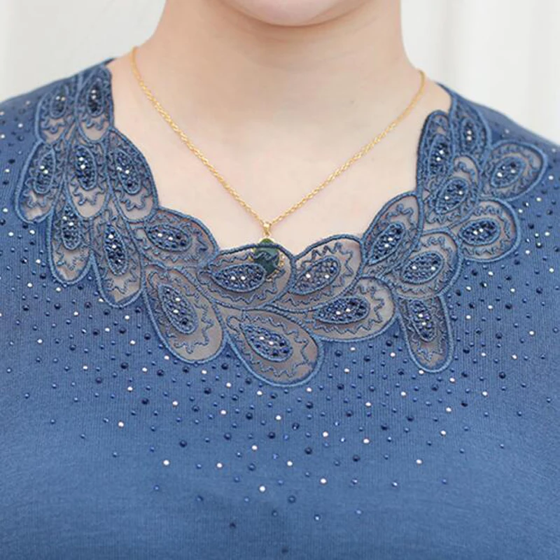 

summer tops for women 2018 Middle-aged Openwork O neck knitting t shirt fashion Loose long sleeves Plus size 3XL t shirt women