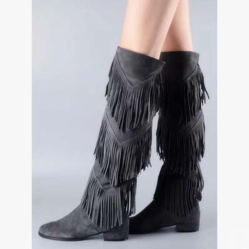 Unique Bohemia Nubuck Genuine Leather Fringe Thigh High Boots Over The Knee Motorcycle Native Shoes Woman Winter Botas 2015 | Обувь