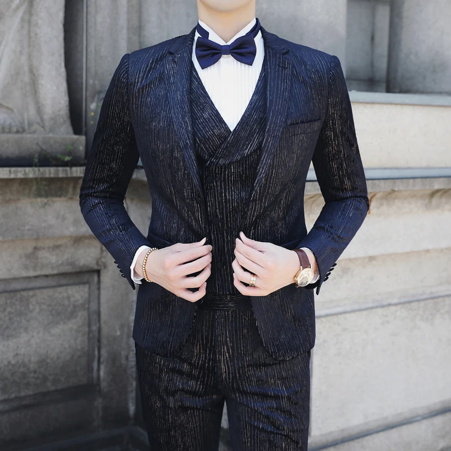 Вечерние костюмы для выпускного для Для мужчин Slim Fit Комплект из 3 предметов бархатный костюм Человек Свадебный костюм Homme Mariage элегантный приличный костюм к ужину мужской Q673
