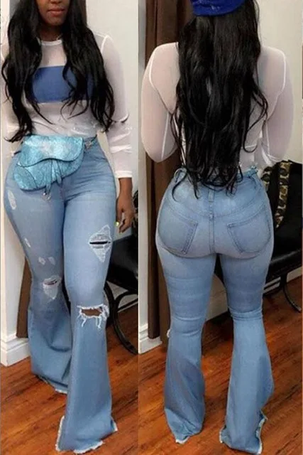 Light Blue Джинсы женские зимние;стильный Отверстия джинсы с высокой талией;джинсы женские большие размеры Широкие штаны;черные брюки женские;Промытый и отбеленный женские джинсы;Толчок вверх досуг Расклешенные джинсы мом - Цвет: Light Blue