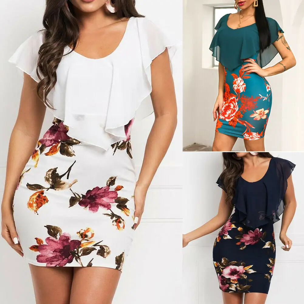 

2019 Women Summer Boho Ruffle Print Short Maxi Office Dress Cocktail Party Beach Dresses Sundress