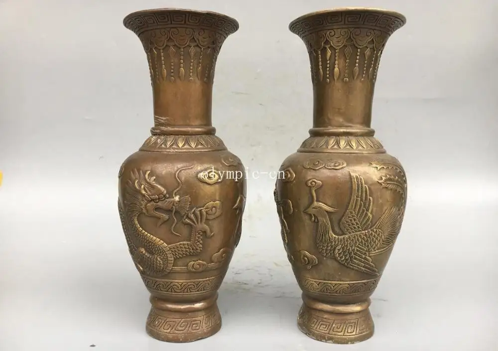 

11'' copper carved auspicious clouds dragon phoenix dasign home decor vase