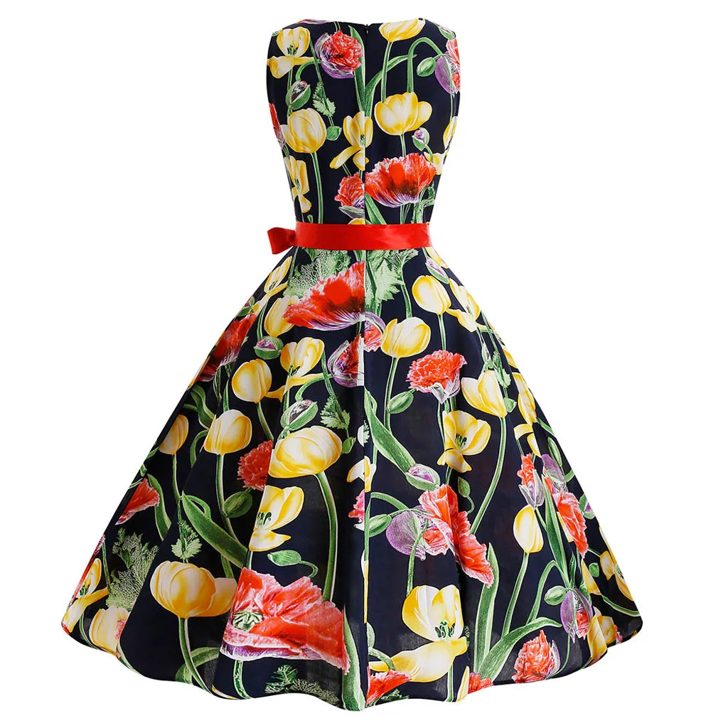 Летние женские платья Элегантное тонкое винтажное платье без рукавов с круглым