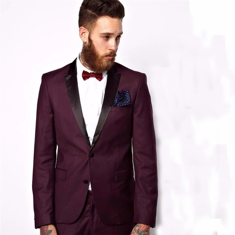 

HB041 Groomsmen Peaked Black Lapel Groom Tuxedos Burgundy Mens Suit Wedding Best Man (Jacket+Pants+Tie) high quality Suits