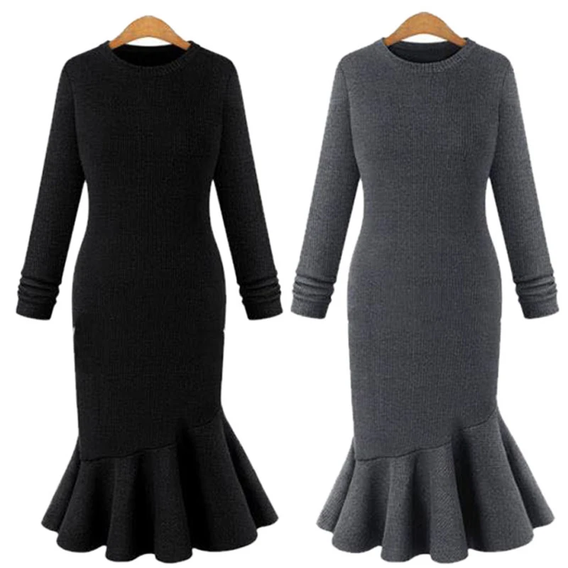 Элегантное осеннее трикотажное платье женское с круглым вырезом и длинным