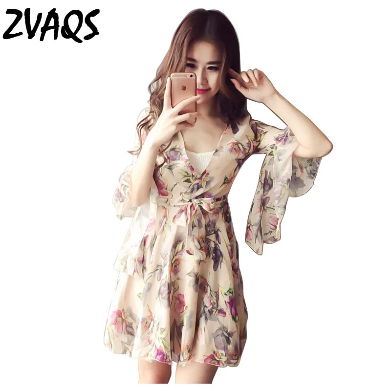 Летнее пляжное платье с расклешенными рукавами 2020 женское шифоновое цветочным