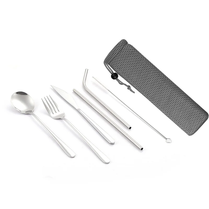 Cutlery Set M Набор посуды для путешествий, кемпинга, набор столовых приборов, многоразовая посуда из серебра, металлическая соломинка, ложка, вилка, палочки для еды и портативный чехол - Цвет: Cutlery Set M