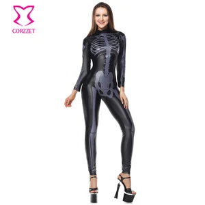 Костюм женский на Хэллоуин, черный виниловый костюм с длинным рукавом и черепом, комбинезон с рисунком скелета
