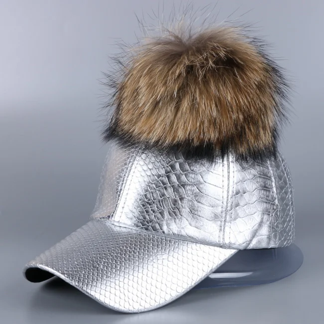 silver Snakeskin Горячая Распродажа дизайн женская брендовая зимняя шапка Кепка настоящая норка, лиса мех помпон кожа бейсболка лучшая девушка кепка snapback шапки - Цвет: silver Snakeskin