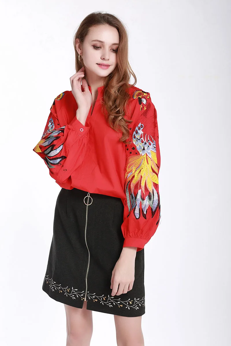 Весенняя и летняя хлопковая Повседневная рубашка с вышивкой, рубашки с длинным рукавом, женская модная брендовая белая рубашка с круглым вырезом и рукавами-фонариками
