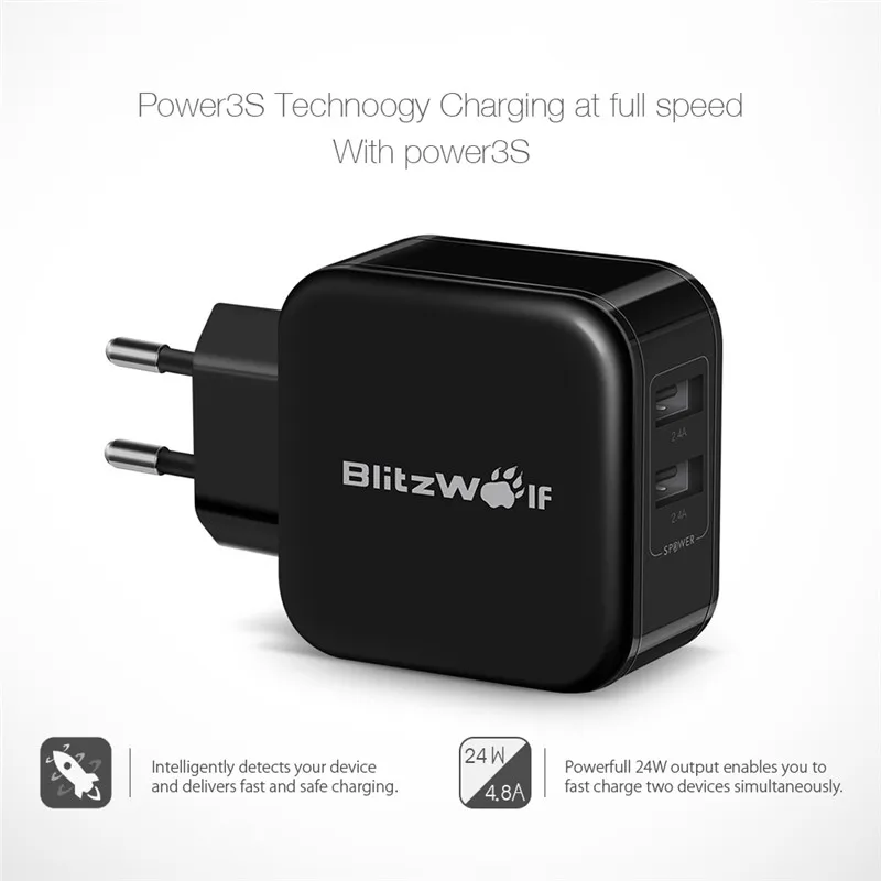BlitzWolf BW S2 4.8A 24 Вт двойной USB зарядное устройство EU/зарядное с евровилкой быстрое