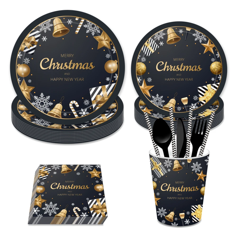 

Classic Merry Christmas Tableware Sets Decorations for Home Black Gold Disposable Plates Napkin Cups Christmas Party Favors