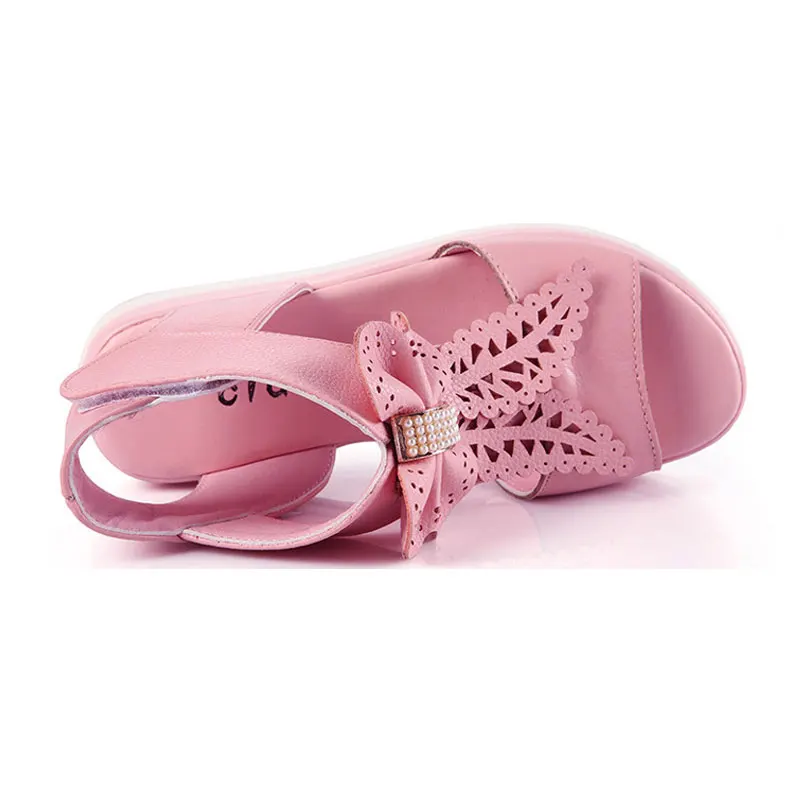 Princess Genuine Leather Sandals Size 26-37 Pink White Flats Beach Shoes Bowknot Flower High Quality Fashion Sandalias | Детская одежда