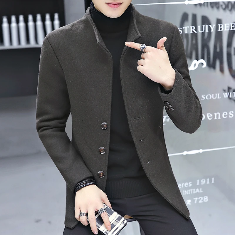 Осень и Зима Новое мужское шерстяное пальто однотонный цвет шерсть утолщение