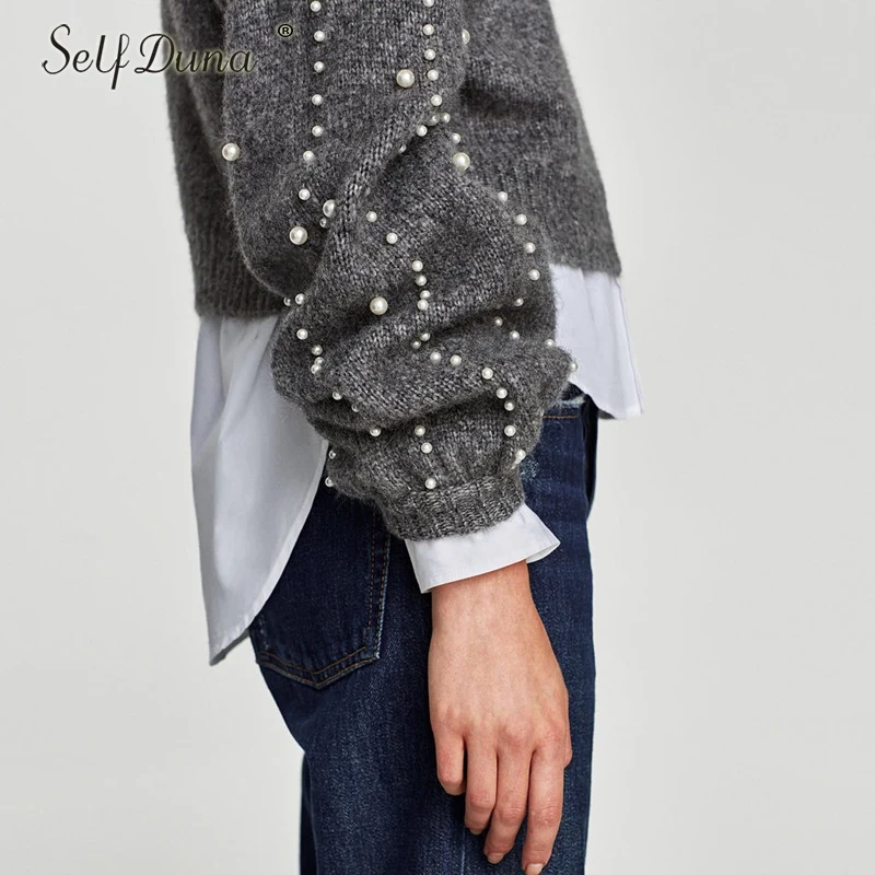 Self Duna 2019 Autumn Winter Pearl Sweater Pullover Loose Vintage Jumper Warm Grey Short Women Knitted Pull Femme | Женская одежда