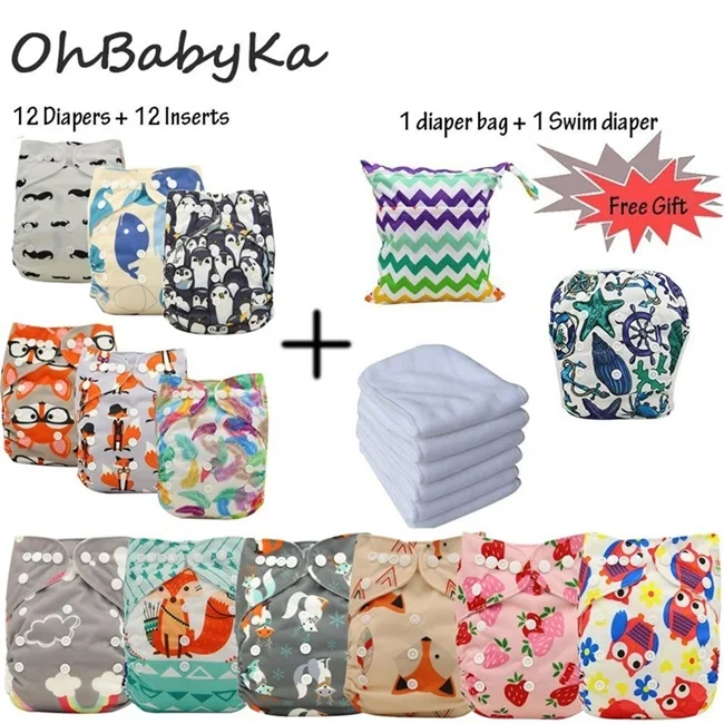 11 Ohbabyka, детские подгузники, подгузники, 12 шт., подгузники+ 12 шт., вкладыши+ 1 подгузник для плавания+ 1 сумка для подгузников - Цвет: 11