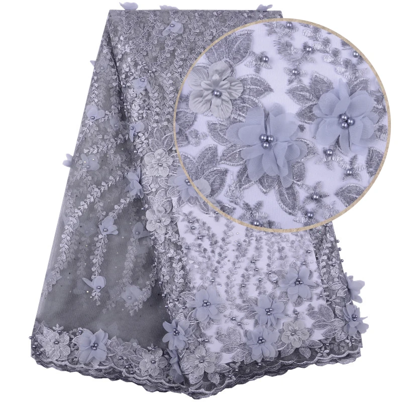Bridal Nigerian Wedding Lace Materials 3D Fabric High Quality 2019 African On Sale Beads Grey 1400B | Дом и сад