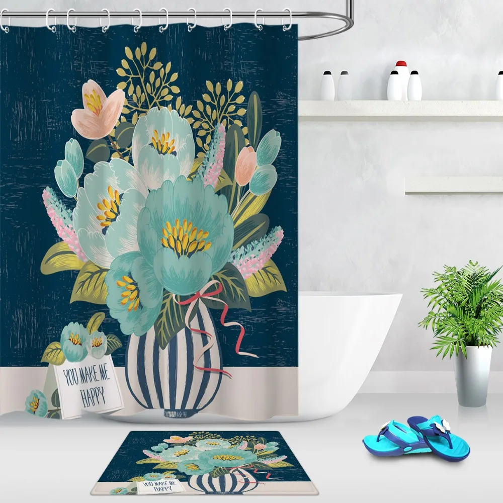 Картина полосатая ваза зеленые розовые цветочные листья душевая занавеска s