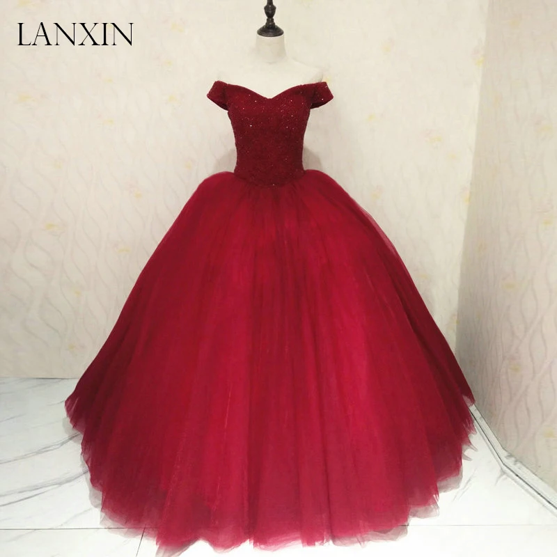 Бургундия Тюль бальное платье выпускного вечера 2019 плюс размер кристаллы с плеча