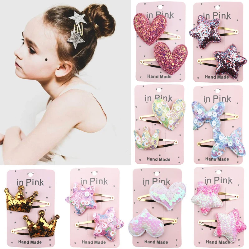 

High Quality Sequins Barrettes Girls Heart 1Pair Beautiful Children 2020 New Star Butterfly Crown Kids Paillette Hair Clips