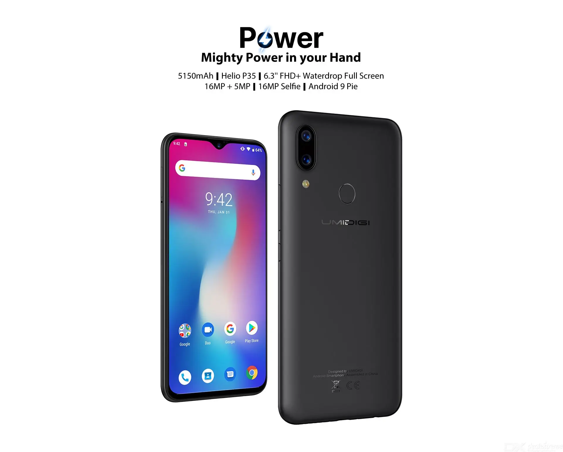 UMIDIGI power Android 9,0 5150 мАч большая батарея 18 Вт 6,3 'FHD+ экран капли воды 4 Гб+ 64 Гб Helio P35 глобальная версия смартфона 16 МП