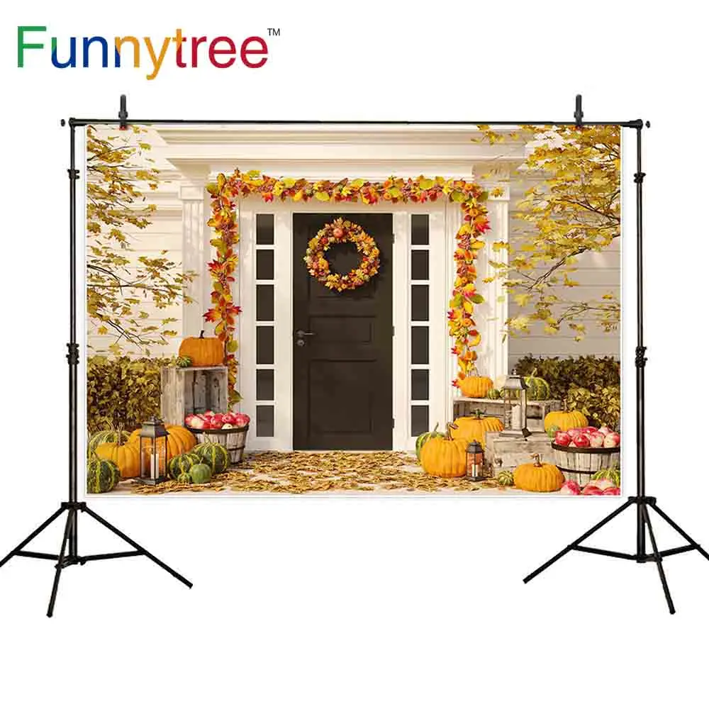 

Фотофон Funnytree для фотостудии Осенняя дверь тыква украшение фрукты листья дерево фон для фотосъемки Фотофон