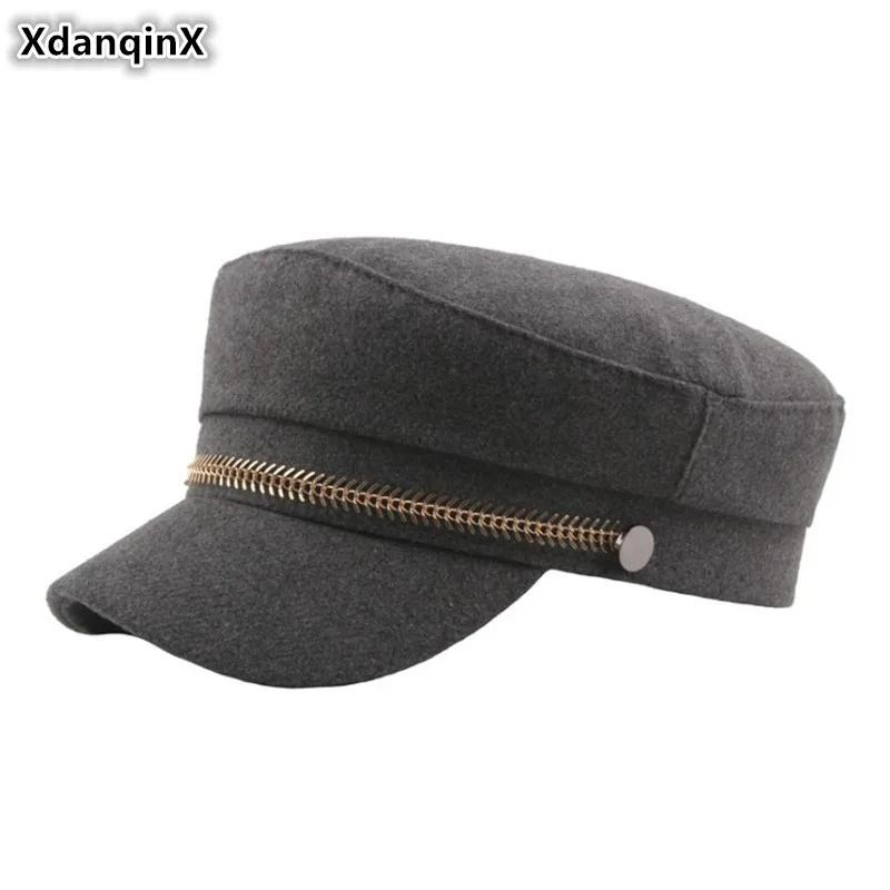 

XdanqinX Autumn Women's Army Military Hats Elegant Retro Flat Cap For Women Golden Chain Decoration Fashion Brands Lady's Hat