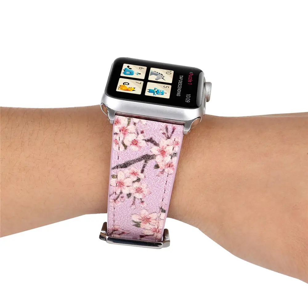 Дизайн с цветочным принтом кожаный ремешок для наручных часов для Apple Watch, 38, 42 мм браслет вишня в цвету ремешок для iwatch