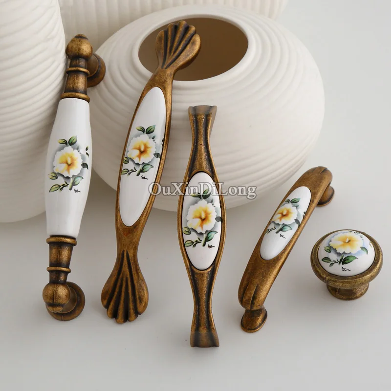 

High Quality 10PCS Ceramic Furniture Handles European Rural Drawer Wardrobe Cupboard Wine Cabinet Kitchen Pull Handles & Knobs