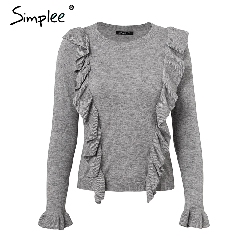 Женский серый вязаный свитер Simplee элегантный пуловер с круглым вырезом и рюшами