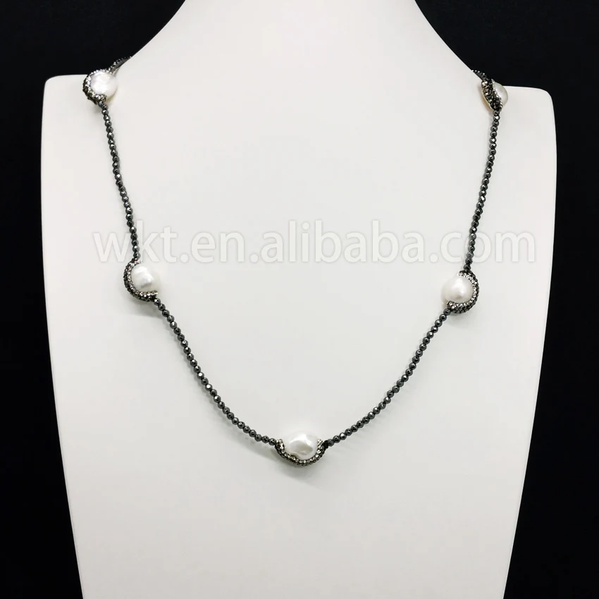

WT-NV091 Hot sale pearl charm necklace long freshwater pearl hematite beads necklace women jewelry necklace