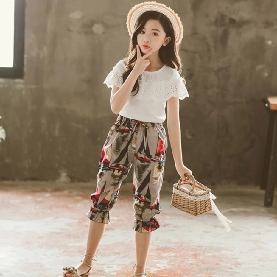 Комплект одежды для девочек кружевная рубашка + штаны с цветочным принтом