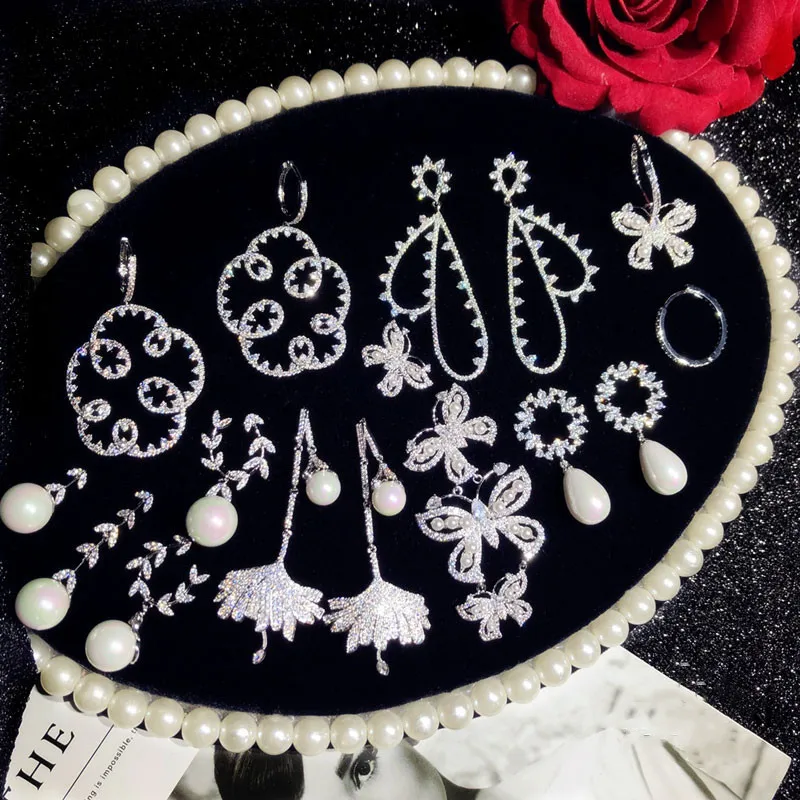 

Bridal Lace Drop Earrings For Women 925 Sterling Needles Imitation Pearls Temperament Long Hyperbole Wedding Accessory