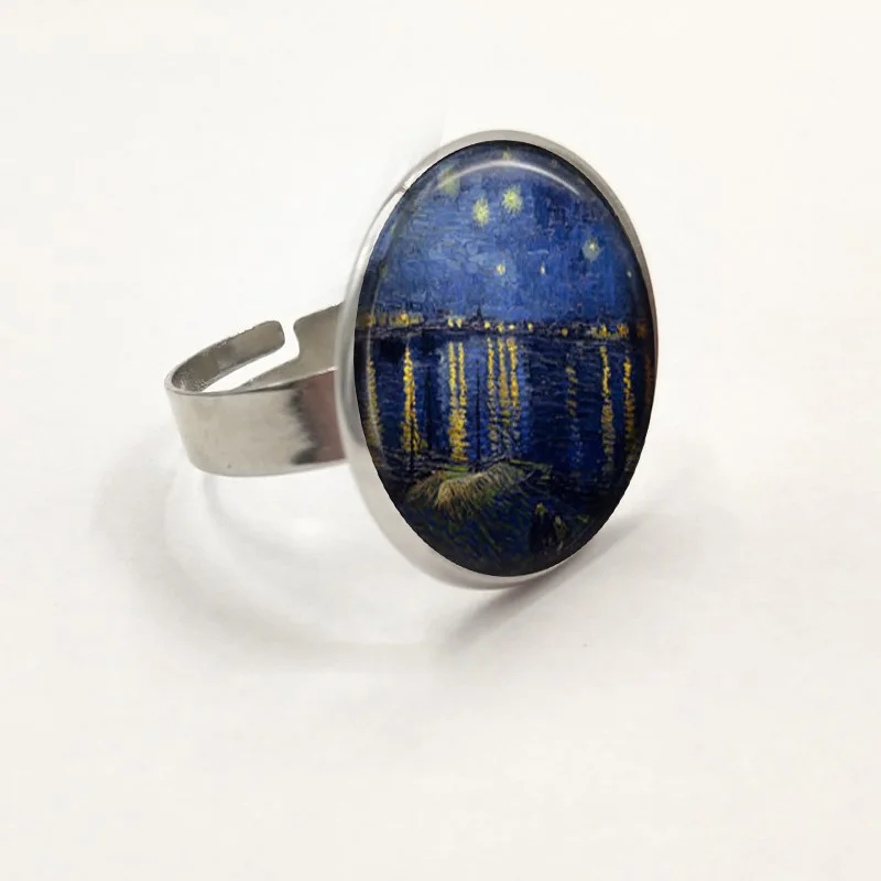 New Glass Dome Rings The Starry Night by Vincent Van Gogh 1889 Handmade Keepsake Ring Art Painting Adjustable | Украшения и