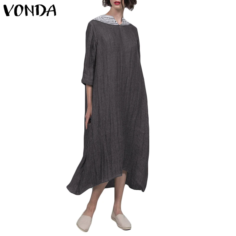VONDA, женское винтажное Хлопковое платье, осень, сексуальное, v-образный вырез, кружево, вязание крючком, открытая спина, вечерние, длинные платья, Повседневное платье размера плюс 5XL - Цвет: Grey