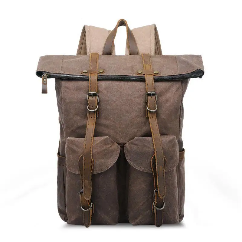 

2019 New Arrival Men Vintage Waterproof Wax Canvas Travel Backpack with Crazy Horse Leather Retro School Bookbag Men Outdoor Bag
