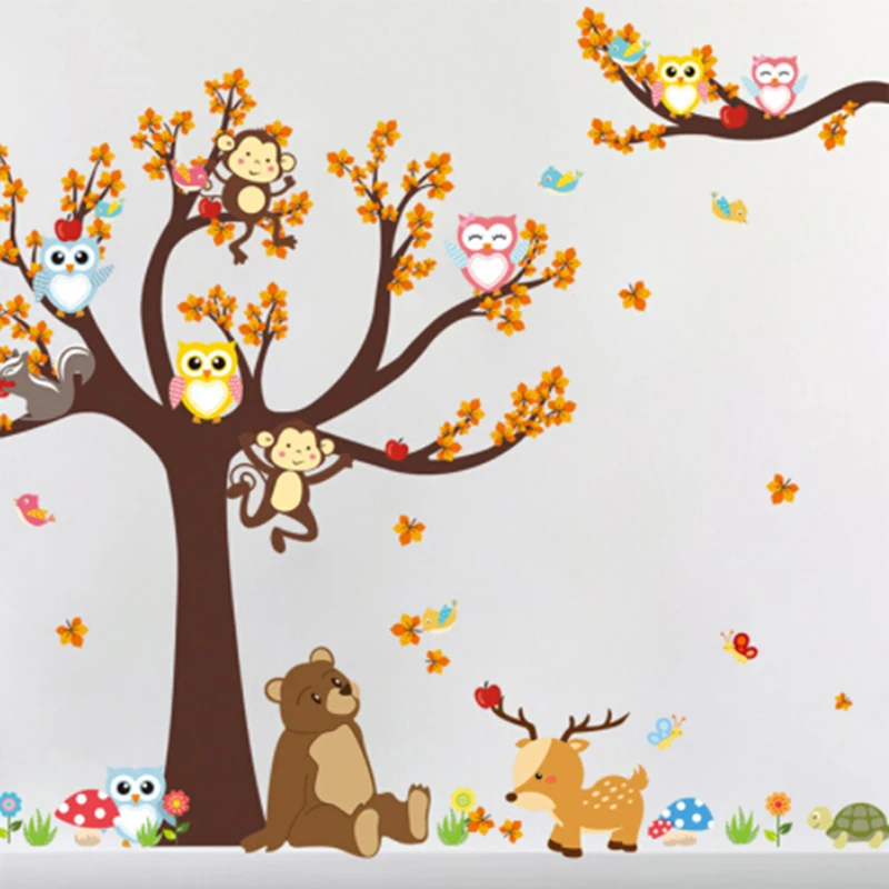 

Cartoon Forest Tree Branch Leaf Animal Cartoon Monkey Bear Deer Owl Wall Stickers For Kids Rooms Wall Decal Bedroom Decor