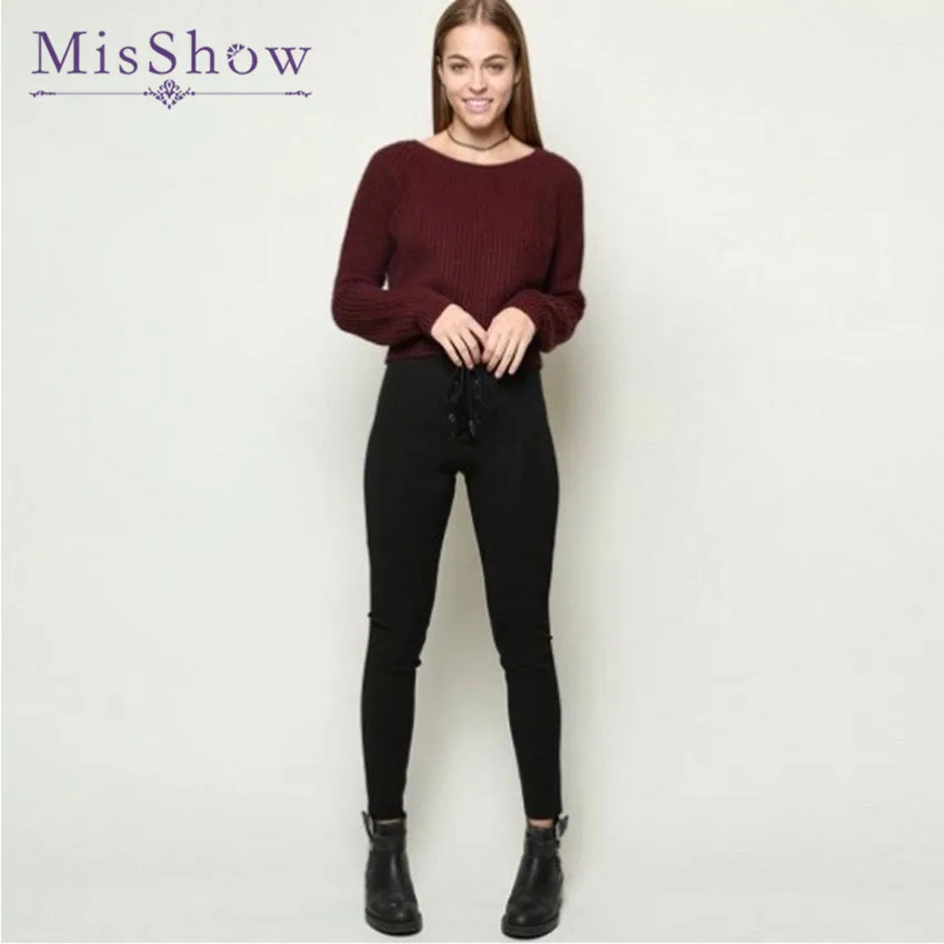 MisShow Solid Burgundy Long Sleeve Sweater Round Neck Loose Autumn Winter Fashion Pullovers Knitted Casual Women Jumpers