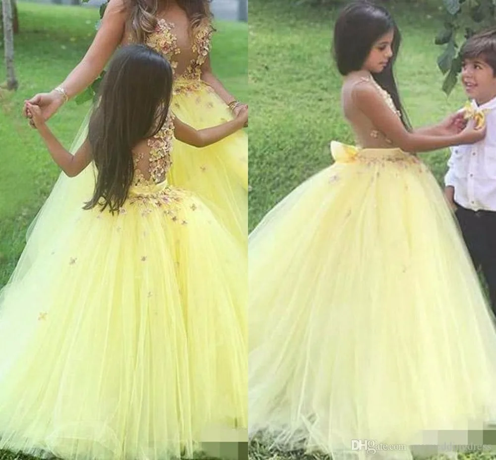 2017 Сшитое Желтый Бальное платье Детские Платья Девушки Pageant Дети Вечернее Платье
