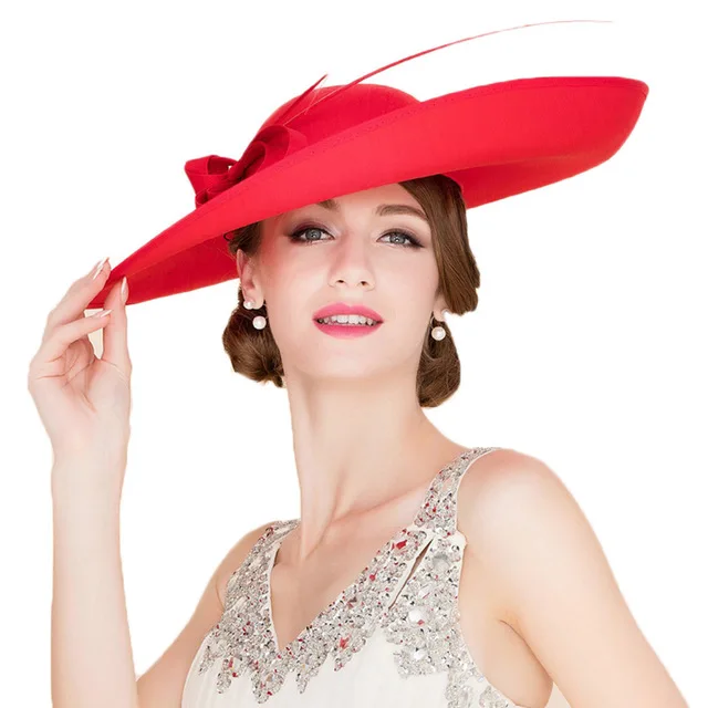 Red Fascinators FS вуалетки с большими полями Кентукки Дерби шляпа Королевские Свадебные шляпы элегантные женские платья для церкви Леди Черный Красный Чай Вечерние Fedora - Цвет: Red Fascinators