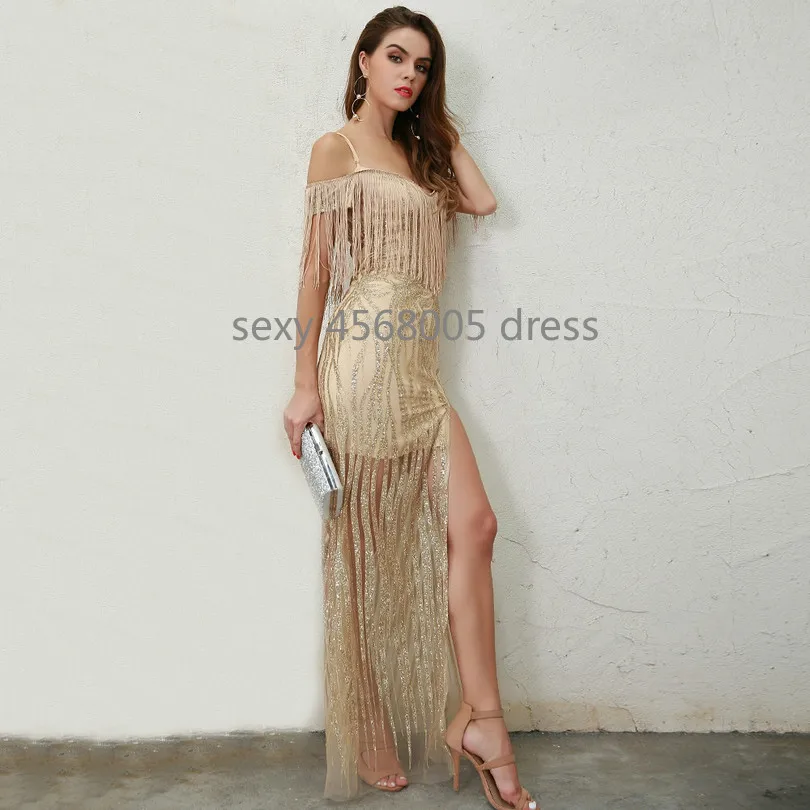 2019 г. пикантные с открытыми плечами кисточкой Высокая разделение блеск Макси