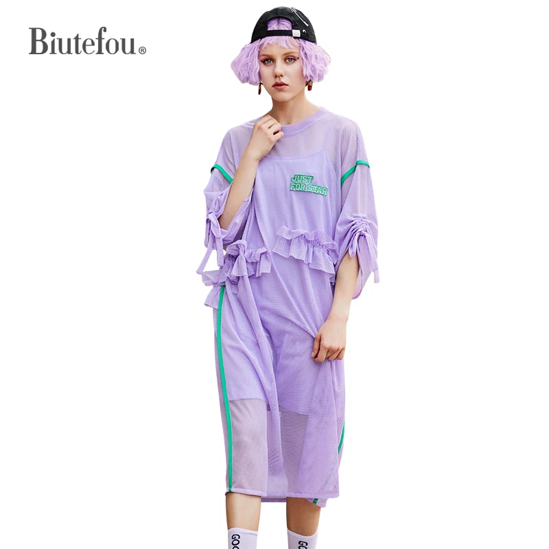 2019 New arrival half sleeve long dresses spring women letter embroidery gauze two pieces | Женская одежда