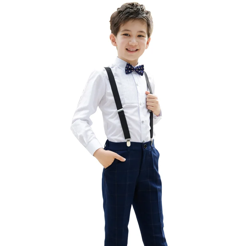 

Children School Perfomance dress Set Flower boy host piano chorus uniform Clothes Kids Shirts Trousers Strap Bowtie 4pcs Outfits