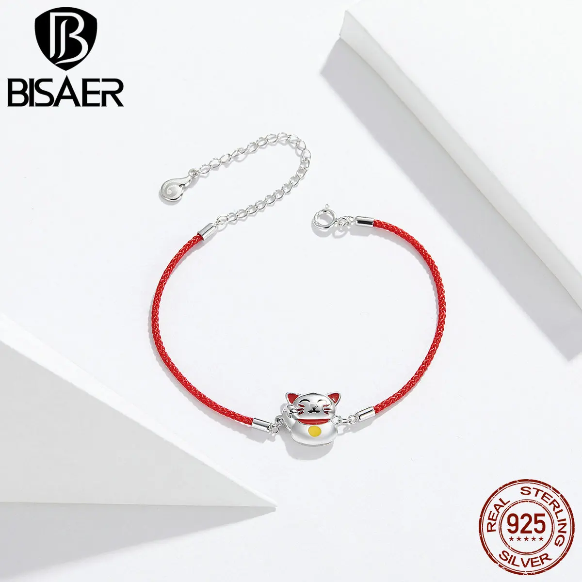 Браслет bisaer, 925 пробы, серебро, красная веревка, животное, кошка, Maneki Neko, ювелирное изделие для женщин, подарок, Стерлинговое Серебро, высокое качество, HVB012