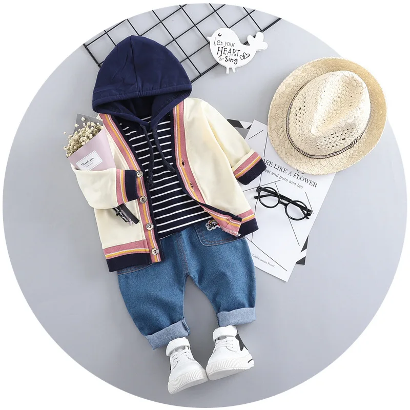 Toddler Boys Spring Autumn Clothing Set Fashion Cotton Striped Hooded Long Sleeve T-shirt+warm Coat+denim Pants 3pcs - Цвет: beige
