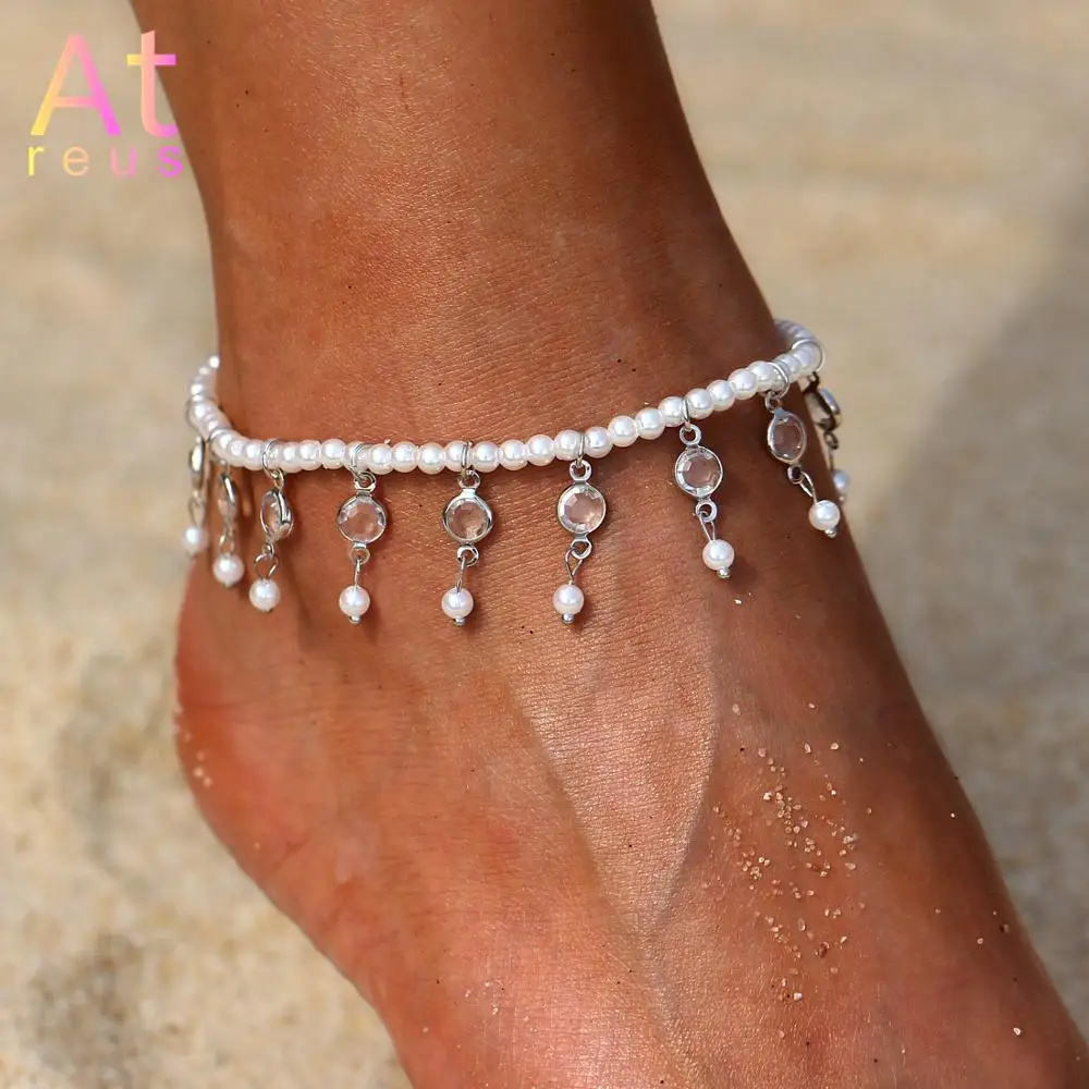 1-2pc Bohemian Imitation Pearl Beads Ankle Bracelet for Women Silver Color Leg Chain Leaf Anklet Vintage Foot Jewelry Accessory | Украшения