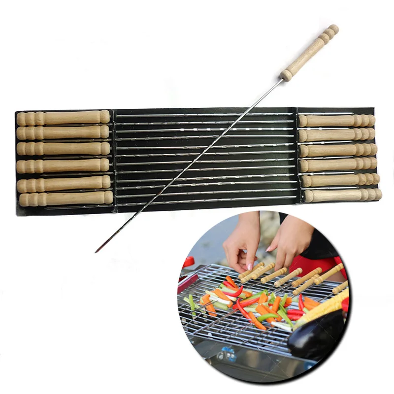 12pcs/lot 38cm/15''Wood BBQ Kebab Stick Metal bbq Skewers Wooden Barbecue Roasting Needle Grilling Kebob Skewer set | Дом и сад